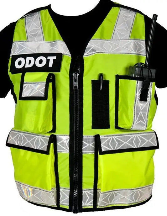 High visibility vest featuring ODOT lettering and reflective stripes for incident command