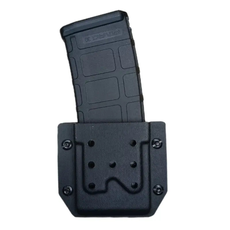 Black polymer AR15 M4 magazine carrier with mounting hardware for secure storage