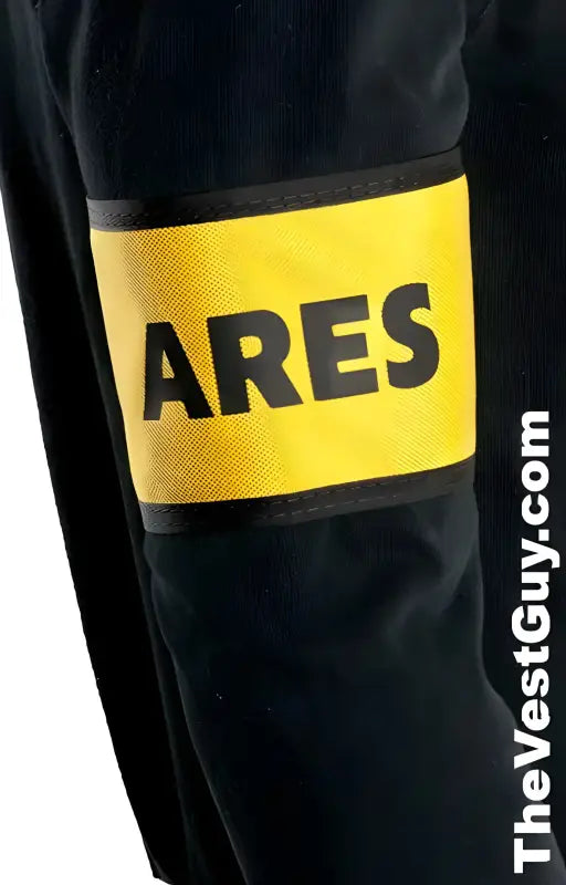 Yellow ARES armband for first responders and firefighters with black text