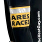 Reflective yellow and silver ARES RACES armband on a black sleeve for races