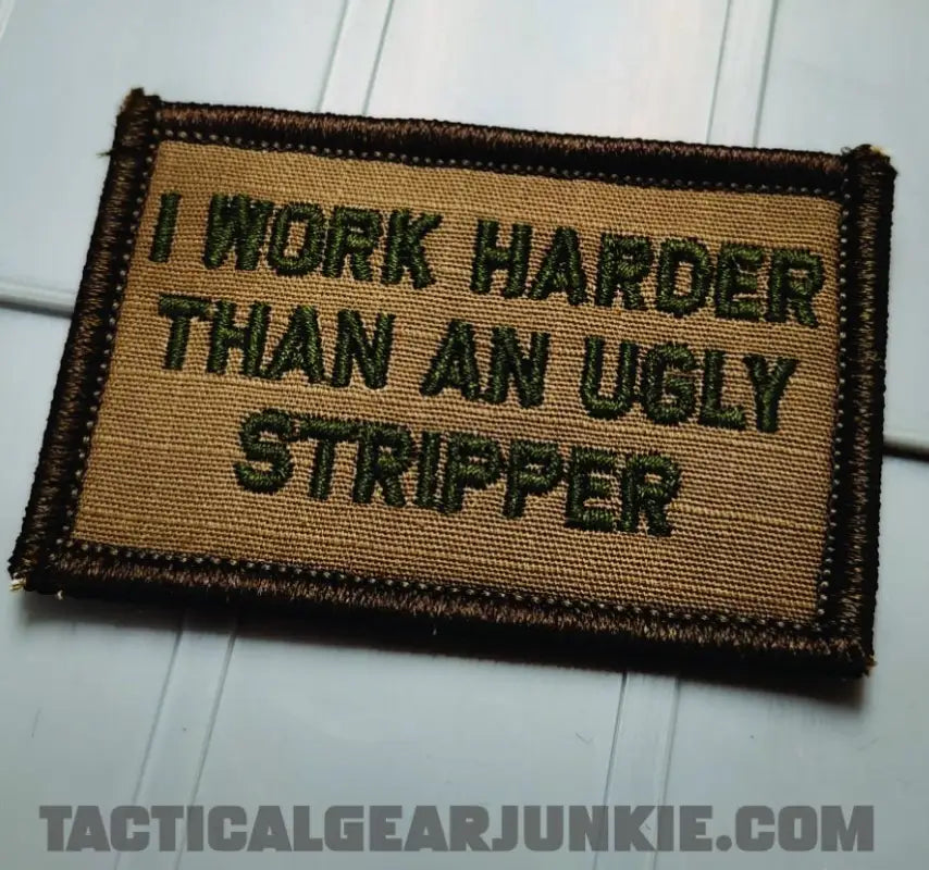 Military morale patch in Coyote w Olive Drab featuring humorous stripper - 2x3 text
