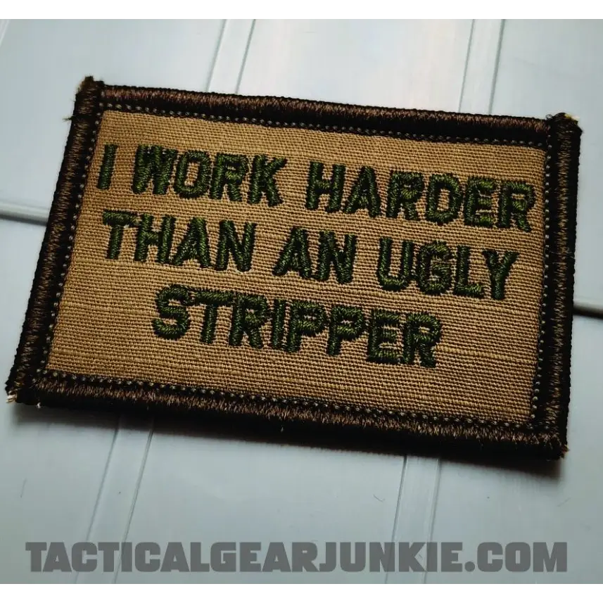 Military morale patch in Coyote w Olive Drab featuring humorous stripper - 2x3 text