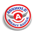 Circular Asshole Merit Badge design with wings on a helmet decal in red, white, and blue