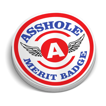 Circular Asshole Merit Badge design with wings on a helmet decal in red, white, and blue