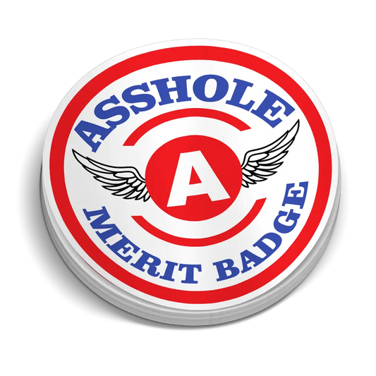 Circular Asshole Merit Badge design with wings on a helmet decal in red, white, and blue