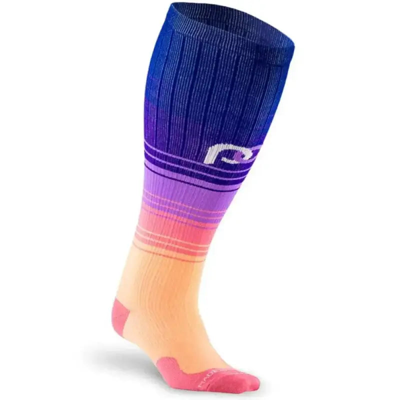 Athletic compression sock in gradient navy blue to coral pink, Marathon Wide-Calf, Florida Skies