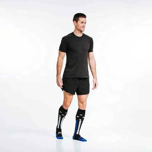 Athletic compression socks in Responder Blue for first responders and firefighters