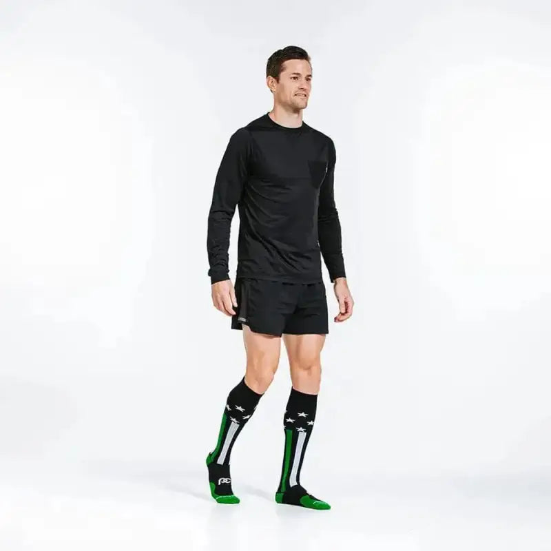 Athletic compression socks in geometric green and black for First Responders and firefighters