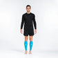 Athletic figure wearing black outfit and neon blue calf compression sleeves