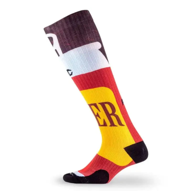 Athletic sock featuring Marathon Printed design in brown, white, red, and yellow colors