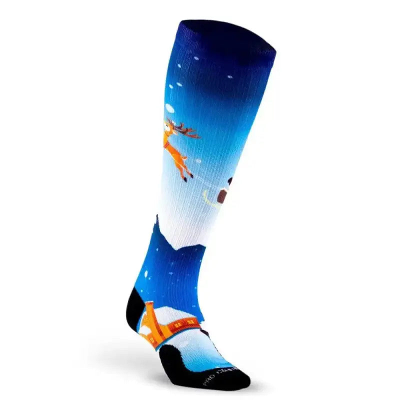 Athletic sock with fox jumping in winter sky, part of Marathon Printed Santa’s Sleigh