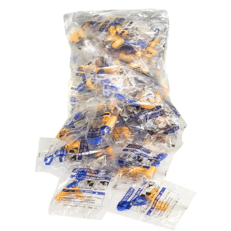 Bag of 32dB NRR Soft Foam Earplugs with PVC Cord, 100 individually packaged pairs