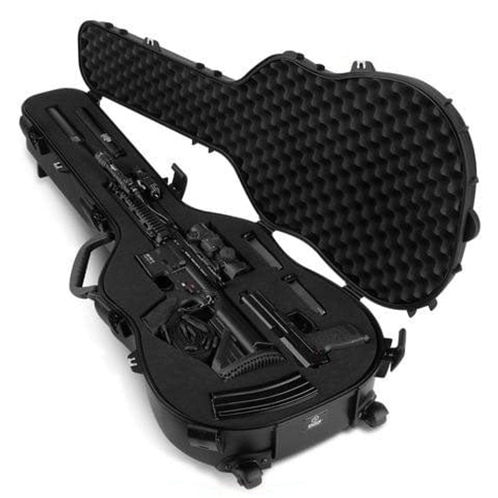 Close-up of the Tactical Discreet Guitar Case equipped with adjustable foam inserts for custom rifle storage.