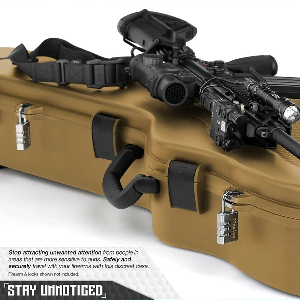 Various gear arranged inside the Tactical Discreet Guitar Case, illustrating its custom foam rifle case capabilities.