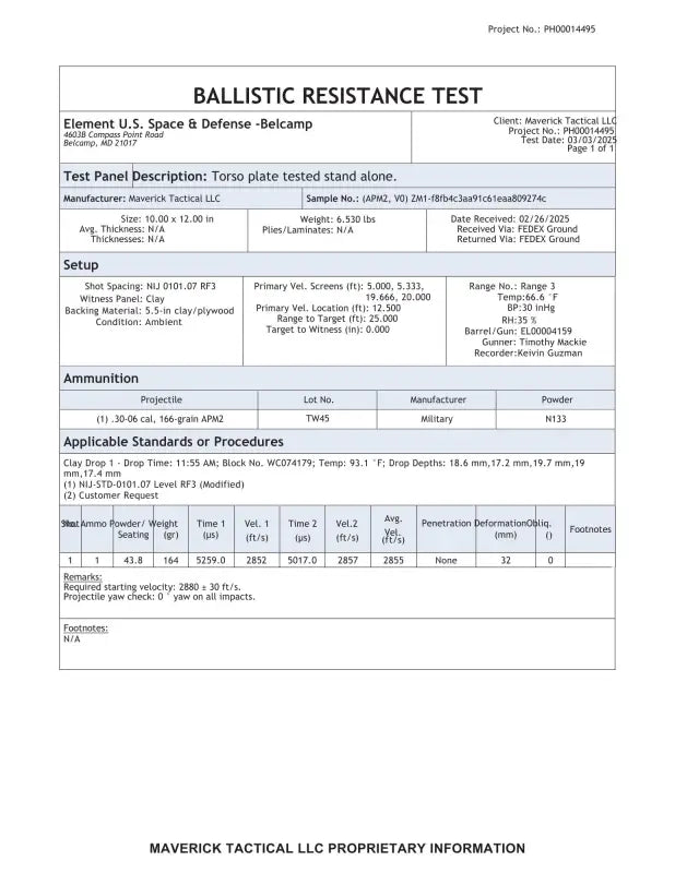 Ballistic resistance test report for ZM1 ZL1 Body Armor Plate made with aluminum oxide ceramic