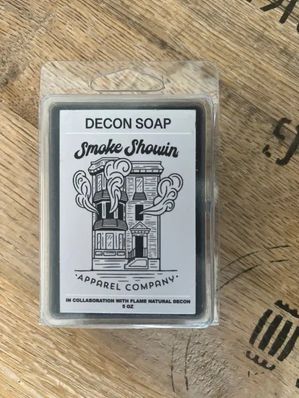 Decon Soap Bar with Smoke Showin branding and illustrated building for firefighters