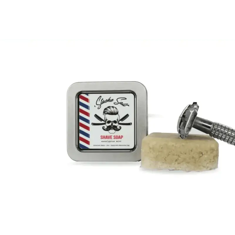 Barber shop shave soap bar in a metal tin with red and blue stripes for upper lip hair