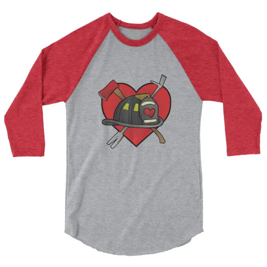 Heart Firefighter 3/4 Sleeve in Heather Grey with Red Sleeves and Helmet Design