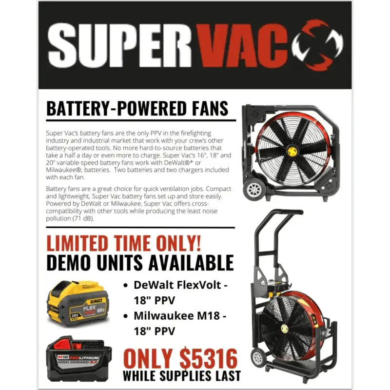 Battery-powered industrial ventilation fans compatible with DeWalt and Milwaukee for Super Vac