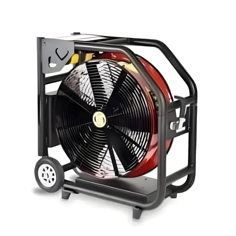 Battery-powered Super Vac 18” ventilation fan on wheels with rugged protective frame