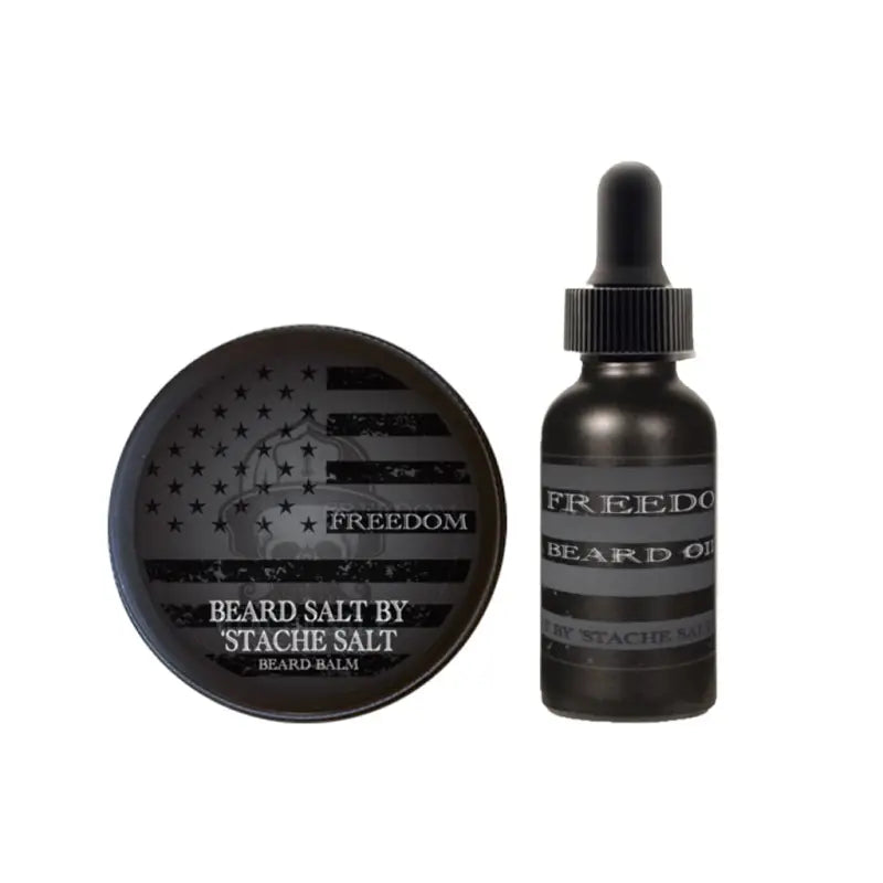 Freedom Beard Set featuring beard salt in a black container and beard oil dropper