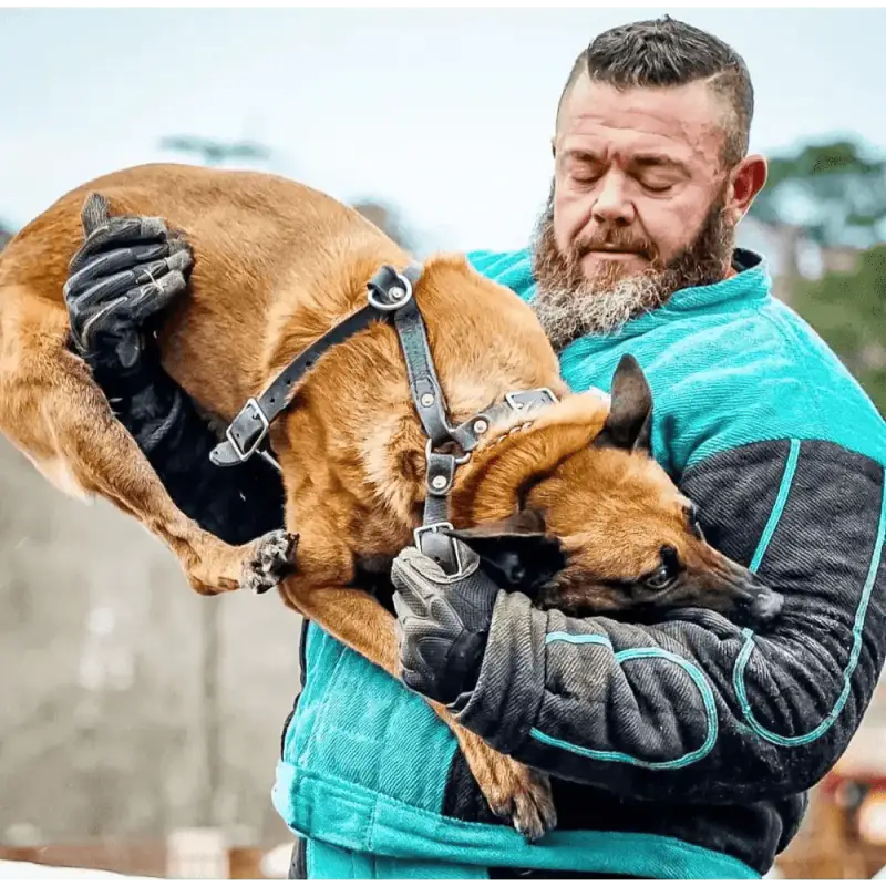 Bearded person in teal vest with brown dog, showcasing Titan K-9 Gloves features