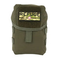 Olive green tactical pouch with REFUGE patch on BearFAK 3.0 Coyote Tan kit outer empty pouch