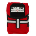 Red medical training backpack with Refuge branding and reflective stripes for Coyote Tan kit