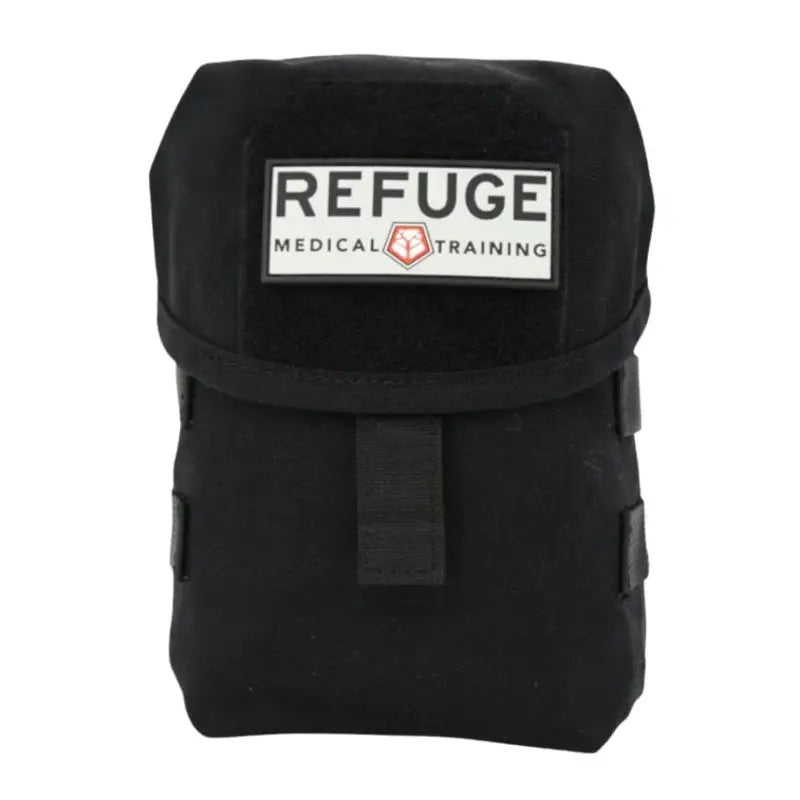 Black medical training pouch with REFUGE logo on BearFAK 3.0 kit in coyote tan outer empty pouch
