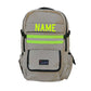 Beige Firefighter Personalized Tan Backpack with neon yellow reflective stripes and NAME text