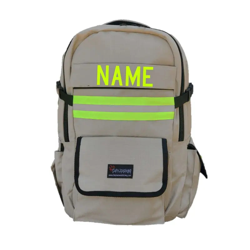 Beige Firefighter Personalized Tan Backpack with neon yellow reflective stripes and NAME text