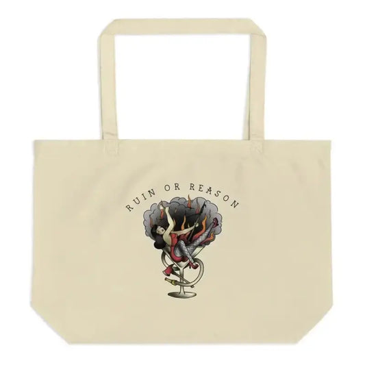 Beige organic tote bag features a dark gramophone design with smoke on canvas