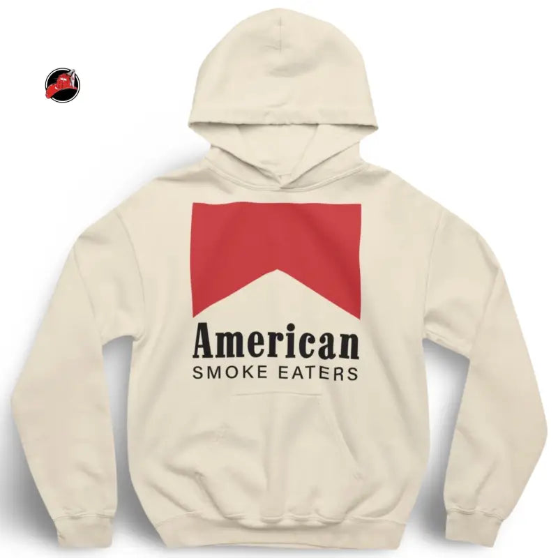 Beige Smoke Eater Hoodie featuring a red square logo with American Smoke Eaters design