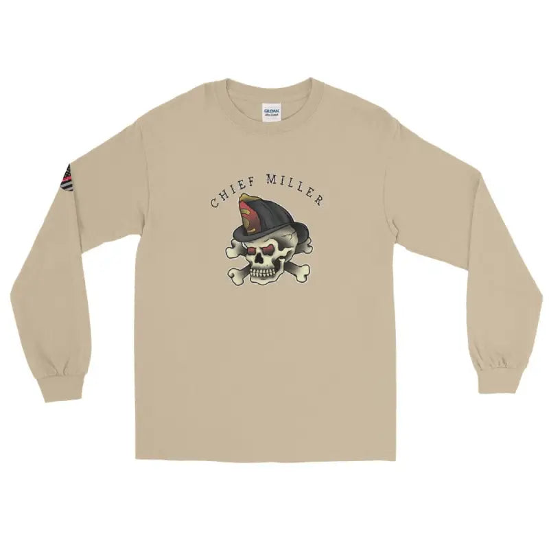 Beige Chief Miller Skull Long Sleeve T-Shirt with skull and military cap design