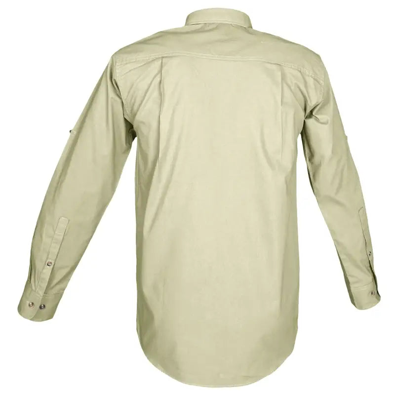 Beige long-sleeved trail shirt for men featuring chest pockets, ideal for first responders