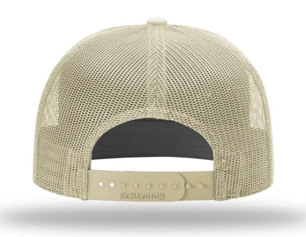 Beige mesh-back trucker hat with adjustable snap, perfect staple hat for first responders