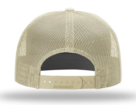 Beige mesh-back trucker hat with adjustable snap, perfect staple hat for first responders