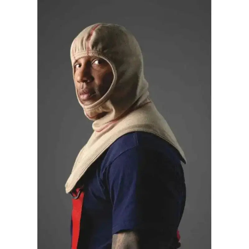 Beige protective head covering with navy shirt in LION Particulate Blocking Hood design