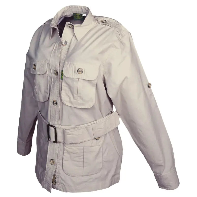 Beige Safari Jacket for Women with two buttoned flap pockets and functional swiss tabs