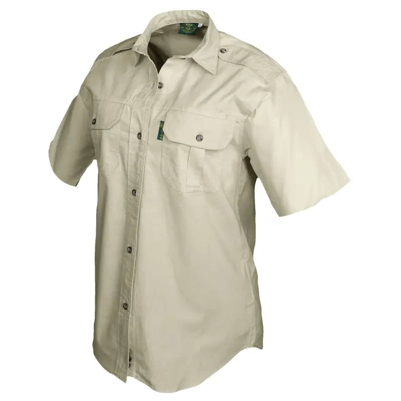 Beige short-sleeved trail shirt for women, perfect essential outdoor gear for the African Savanna