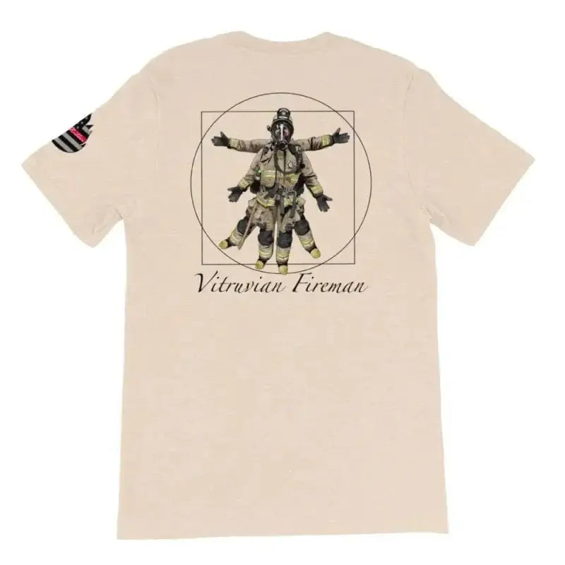 Beige Vitruvian Fireman t-shirt with American flag patch and logo on back