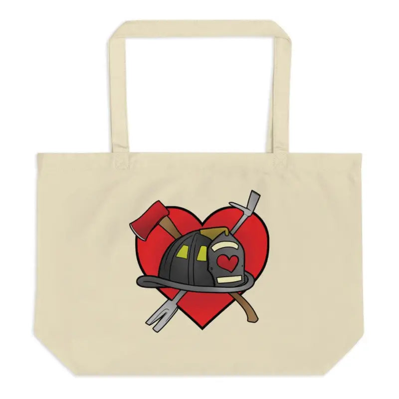 Beige Heart Large Organic tote bag with firefighter helmet and crossed axes design