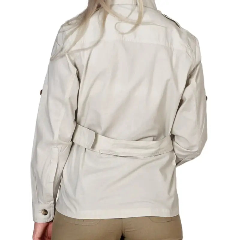 Beige Safari Jacket for Women featuring a belt, button details, and functional Swiss tabs