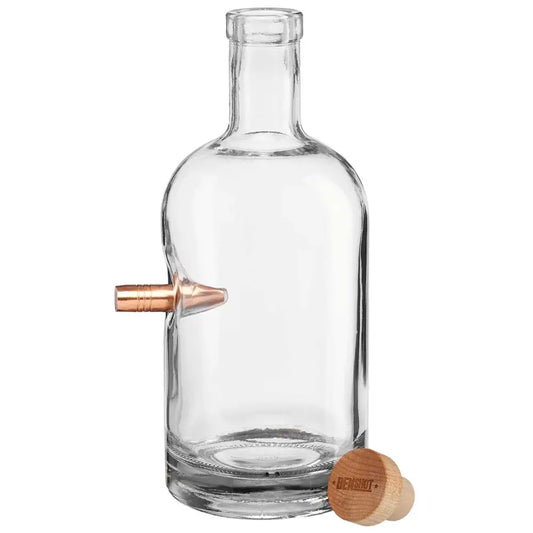 Clear glass Benshot 750mL Decanter with copper bullet and cork stopper for first responders