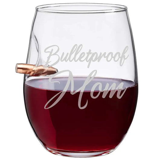 Wine glass with Bulletproof Mom etching and bullet design from BenShot 15oz collection