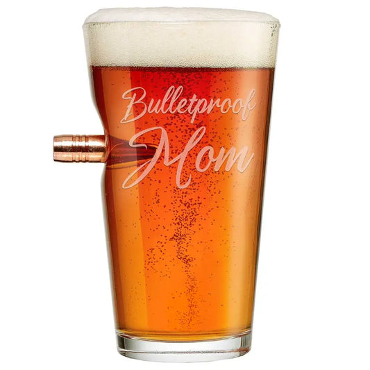 Pint glass with Bulletproof Mom text and decorative bullet from BenShot Bulletproof Glasses