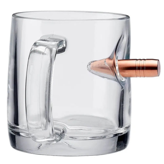 Clear glass BenShot coffee mug with a copper bullet embedded in its side