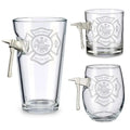 Drinking glasses with Maltese Cross and solid metal fire axe attachments for enthusiasts