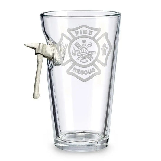 Clear glass pint glass with etched Maltese Cross and solid metal hammer attachment