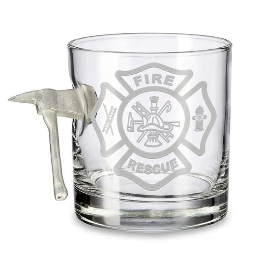 Clear glass tumbler etched with Maltese Cross emblem, perfect for a rocks glass collection